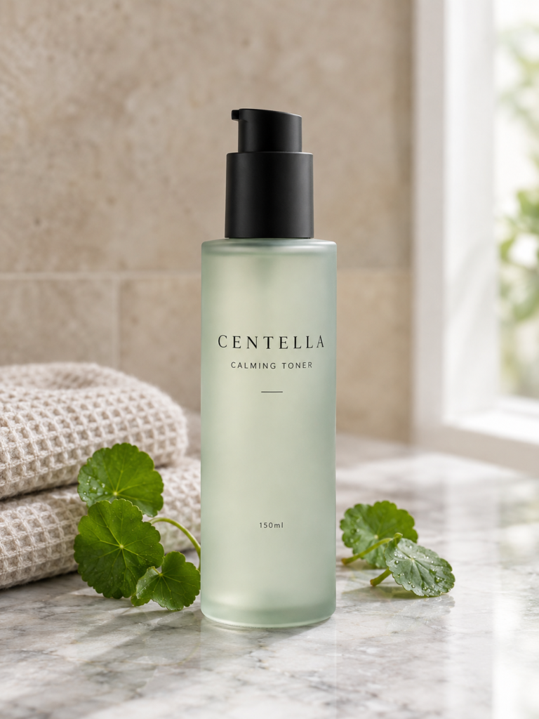 Centella Calming Toner, 150ml frosted green glass bottle with black pump on marble